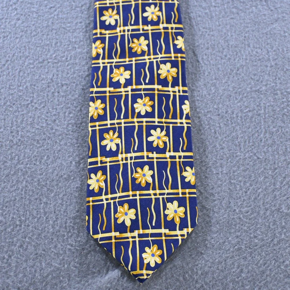 Paul Fredrick Mens Floral Grid Italian Silk Handmade Necktie OS Blue Yellow USA